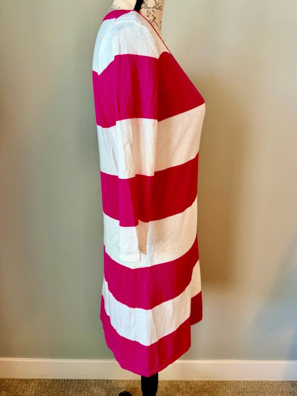 Tommy Bahama Pink White Stripe Dress Medium Deep Scoop 3/4 Sleeve Resort Coastal - Picture 3 of 5